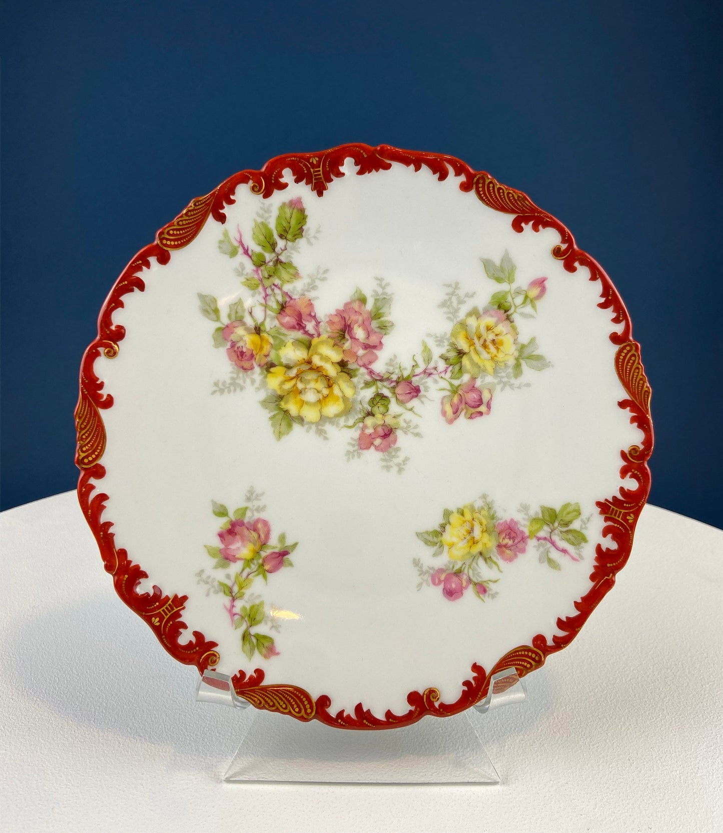 Antique Limoges Plate: Floral Roses, Indian Red Scalloped Rim