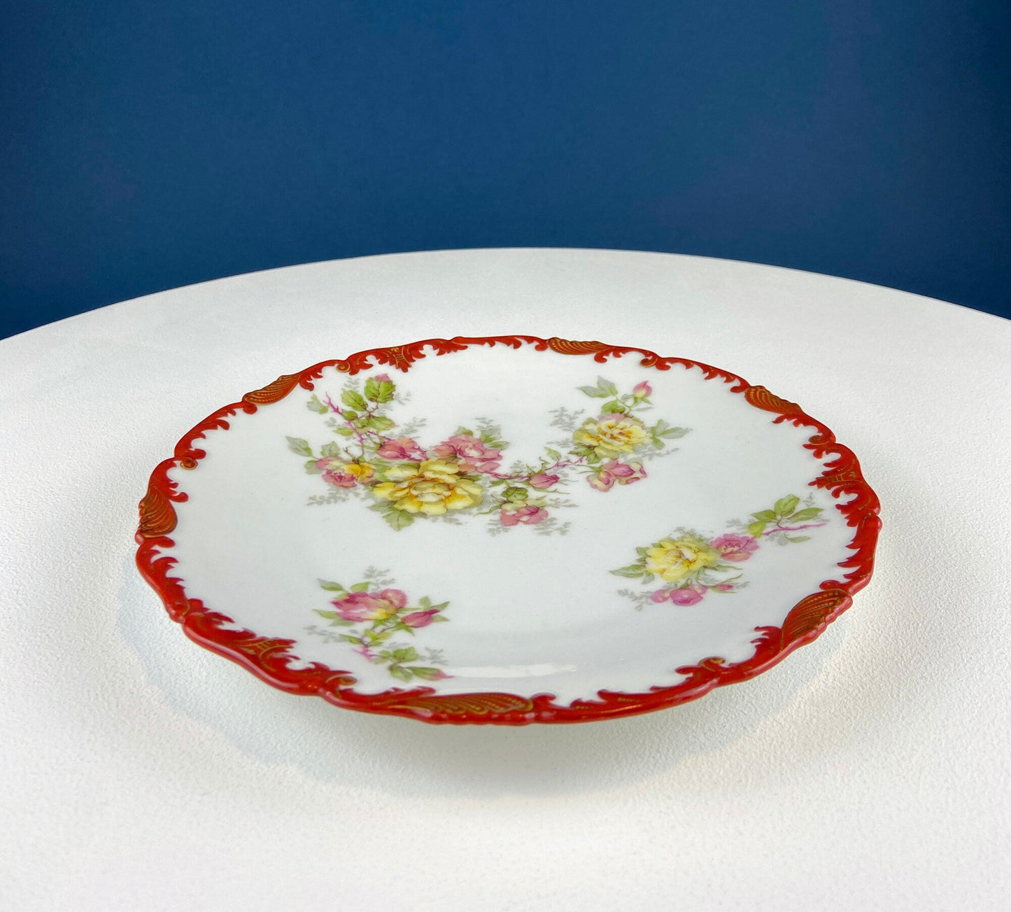 Antique Limoges Plate: Floral Roses, Indian Red Scalloped Rim