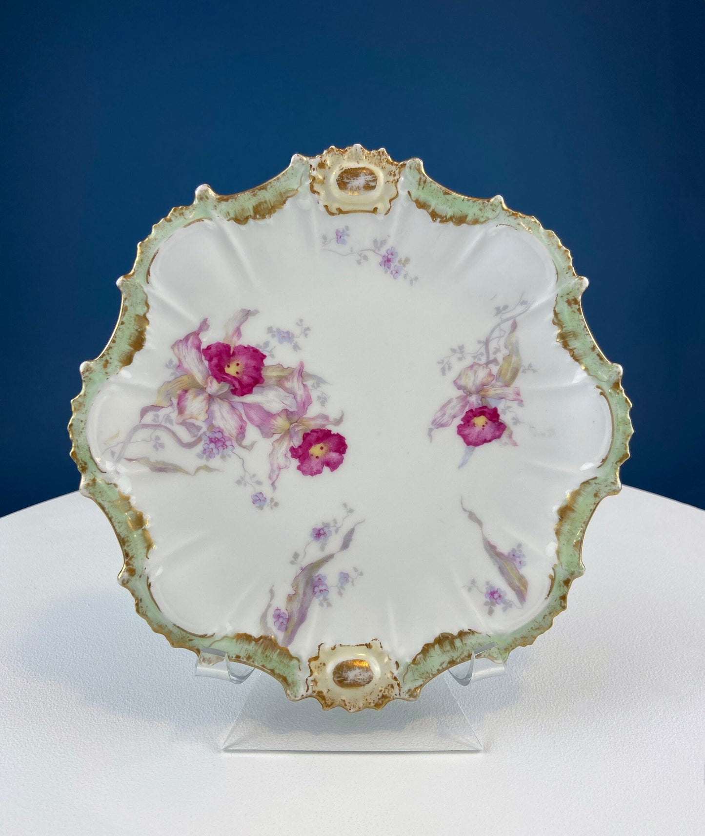 Antique Limoges Plate: Floral Roses, Indian Red Scalloped Rim