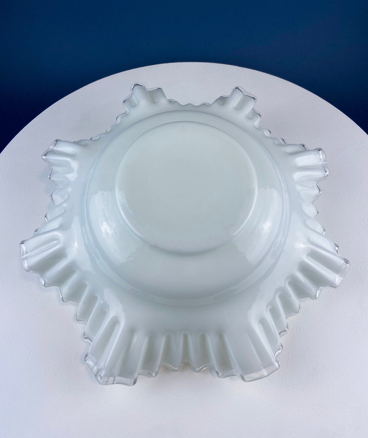 Silvercrest Bowl with Ruffled Edge. White Glass Fruit Bowl or Serving Dish with Clear Brim. Table Centerpiece. Serviceware. Wedding Gift.