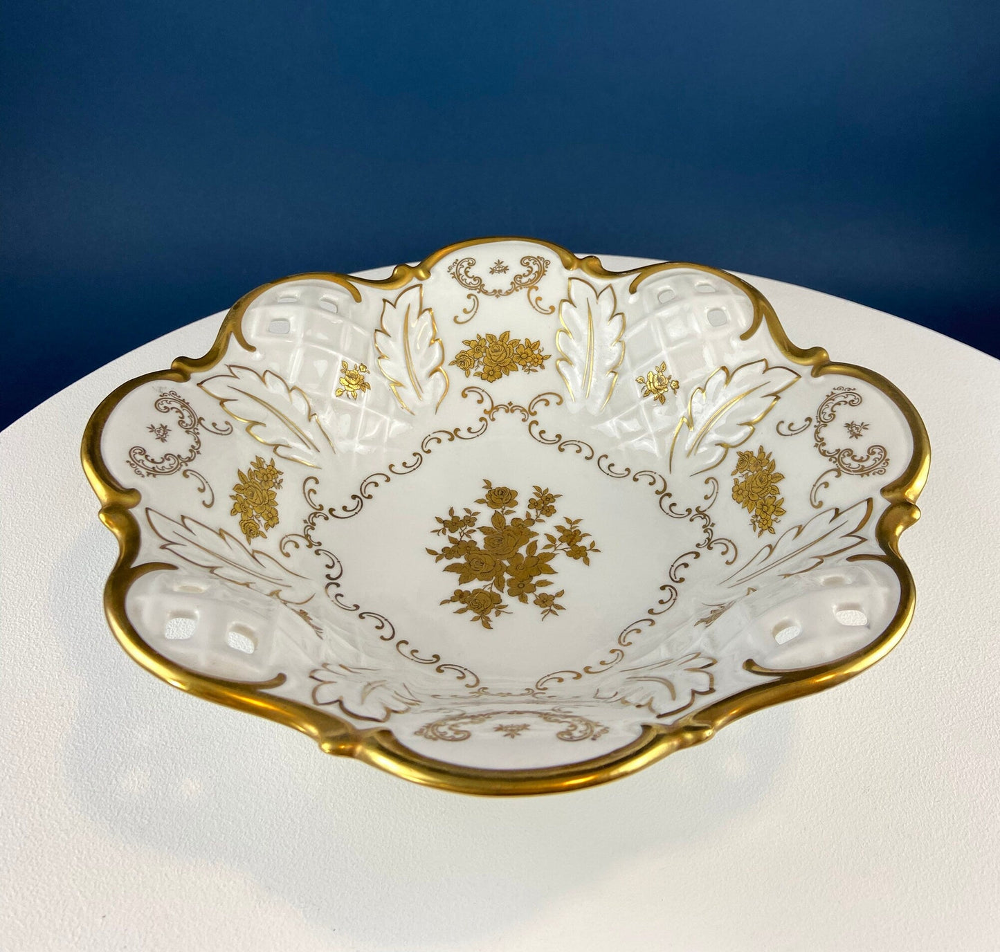 White and Gold Rosenthal Bowl.  Antique Footed Porcelain Serving Dish with Scalloped Rim and Reticulated Motif. Stunning Wedding Gift.