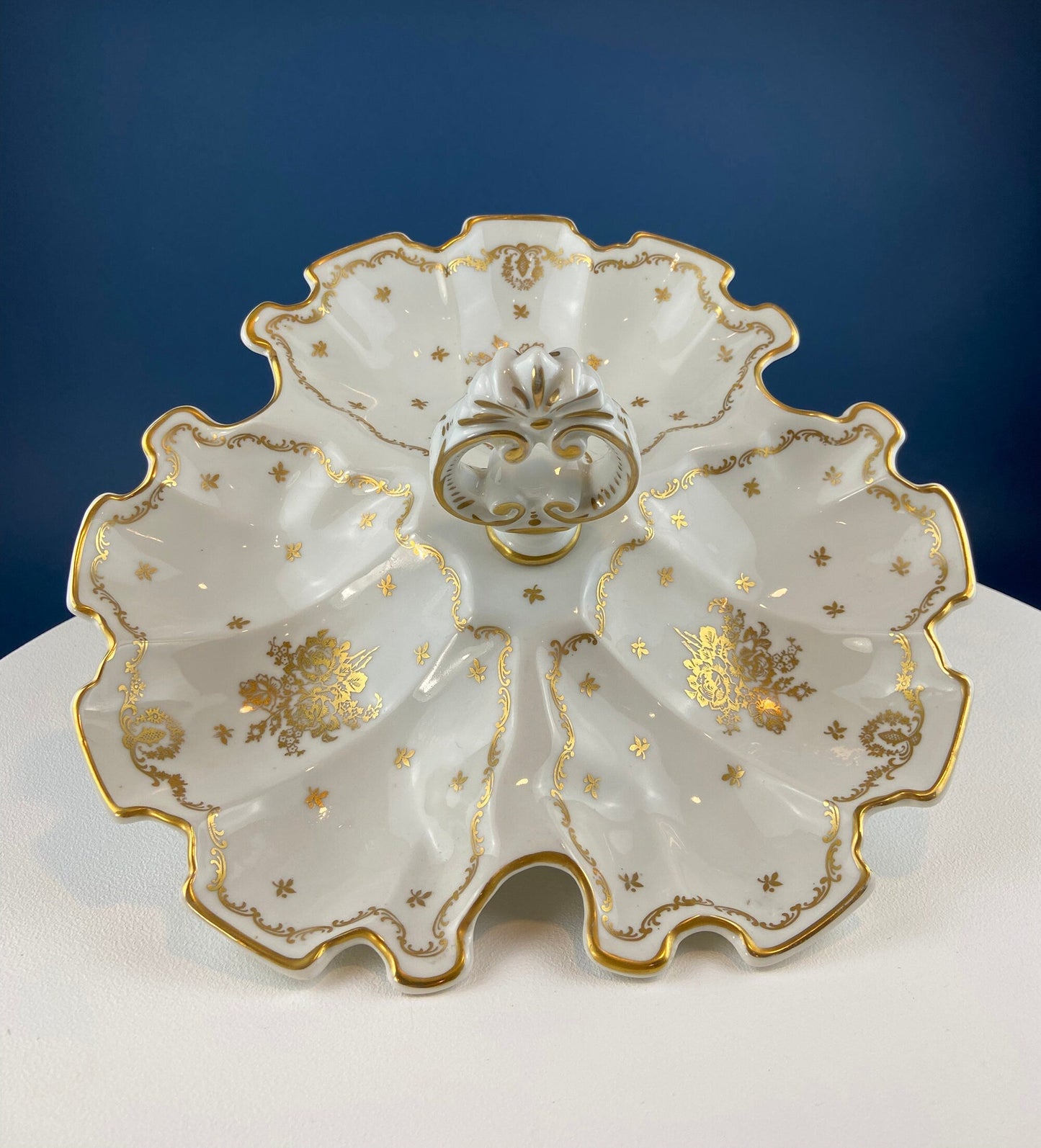 Antique Limoges Porcelain Divided Bowl: Gold Floral Motif, Scalloped Rim