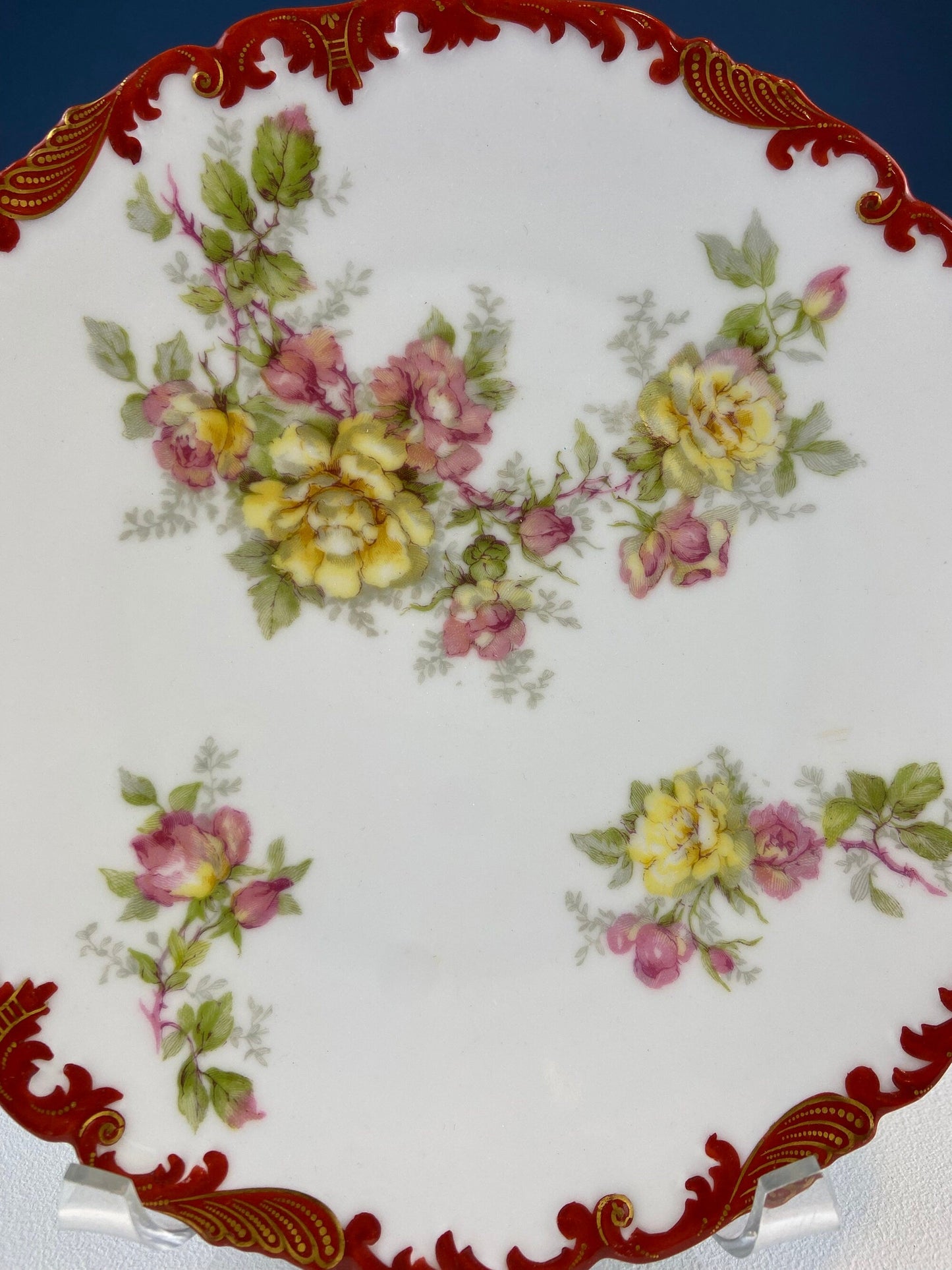 Antique Limoges Plate: Floral Roses, Indian Red Scalloped Rim
