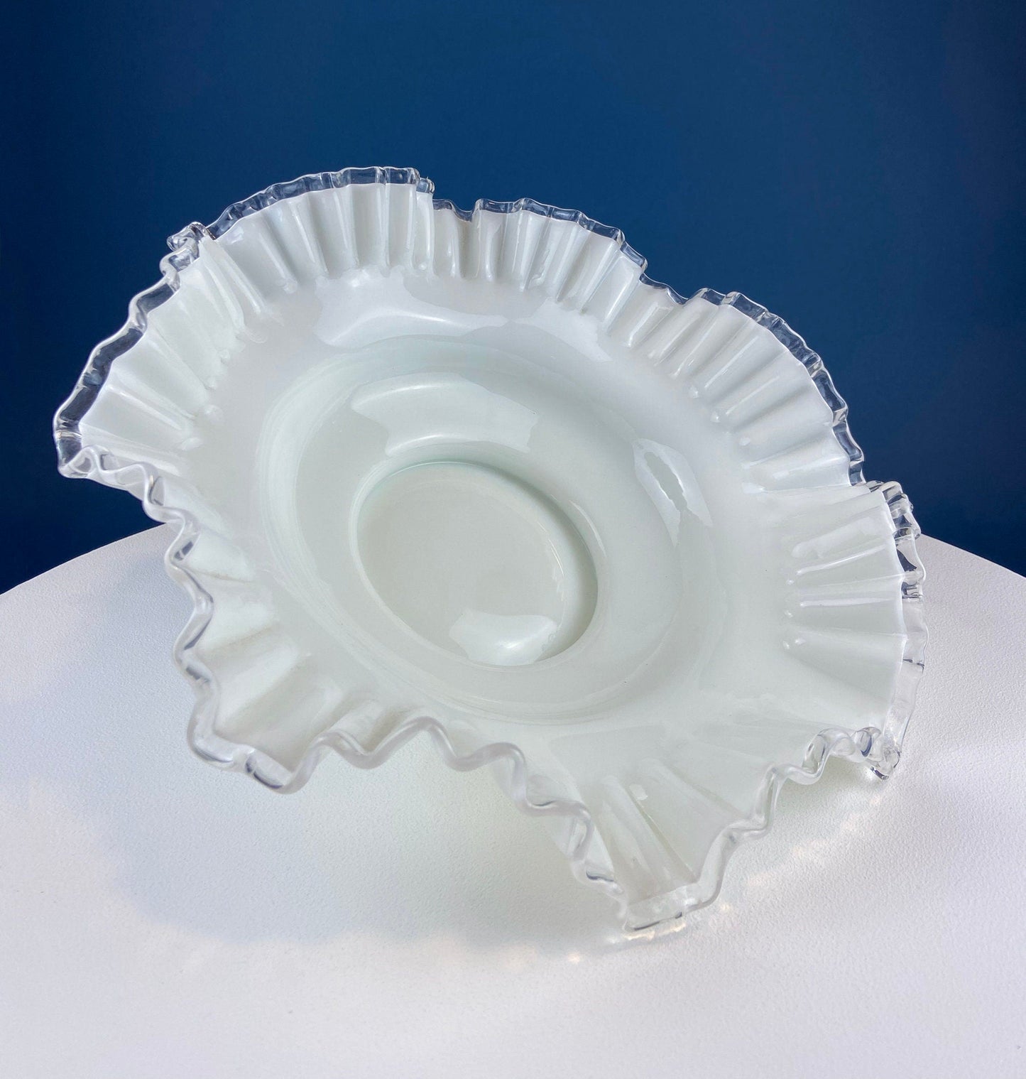 Silvercrest Bowl with Ruffled Edge. White Glass Fruit Bowl or Serving Dish with Clear Brim. Table Centerpiece. Serviceware. Wedding Gift.