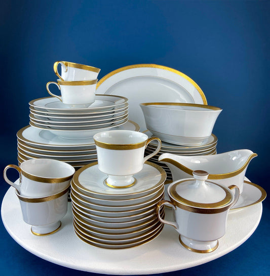 White & Gold Dish Set. Wedding Band China. Sango Spun Gold. Dinner, Salad or Dessert, Soup Plates, Sugar Bowl, Serving Dishes.