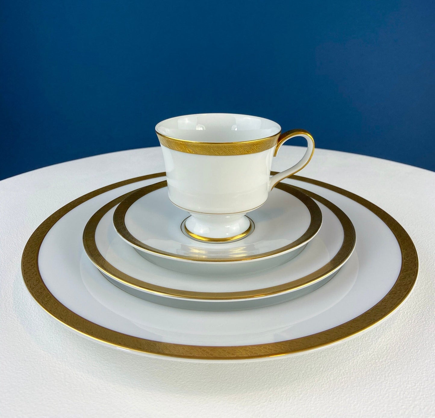 White & Gold Dish Set. Wedding Band China. Sango Spun Gold. Dinner, Salad or Dessert, Soup Plates, Sugar Bowl, Serving Dishes.