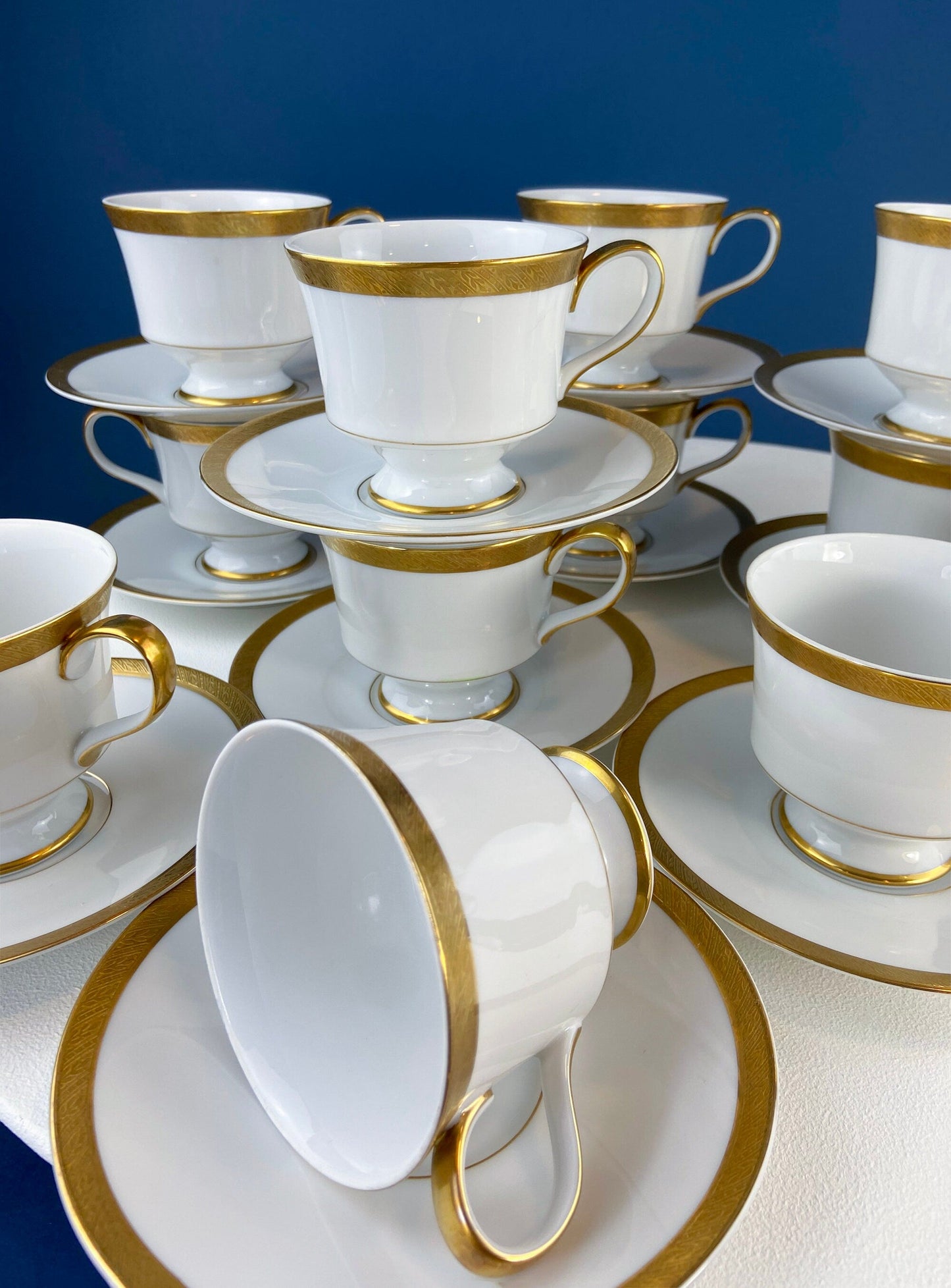 White & Gold Dish Set. Wedding Band China. Sango Spun Gold. Dinner, Salad or Dessert, Soup Plates, Sugar Bowl, Serving Dishes.