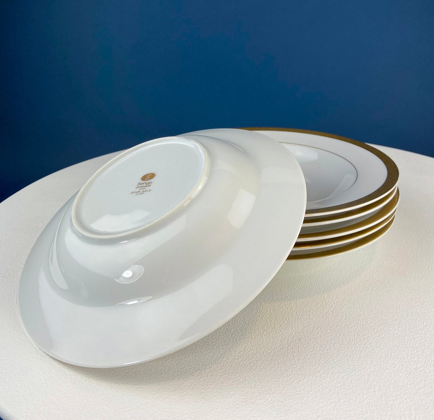 White & Gold Dish Set. Wedding Band China. Sango Spun Gold. Dinner, Salad or Dessert, Soup Plates, Sugar Bowl, Serving Dishes.