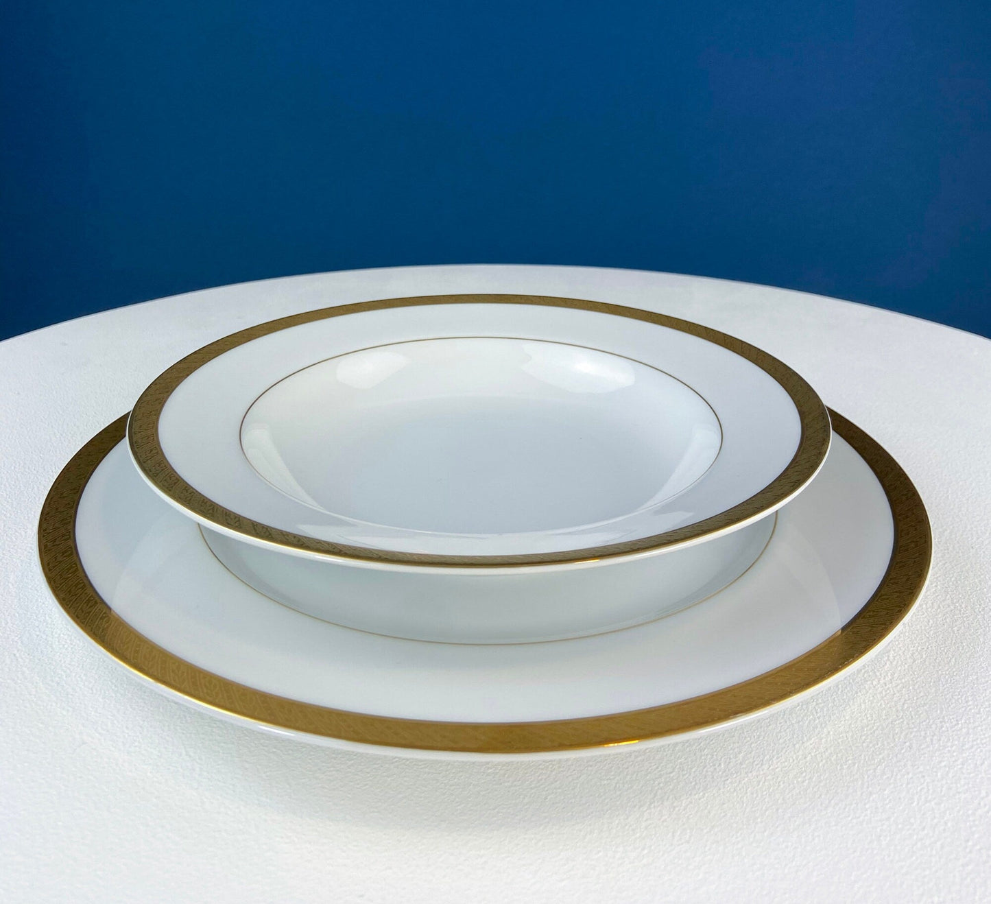 White & Gold Dish Set. Wedding Band China. Sango Spun Gold. Dinner, Salad or Dessert, Soup Plates, Sugar Bowl, Serving Dishes.