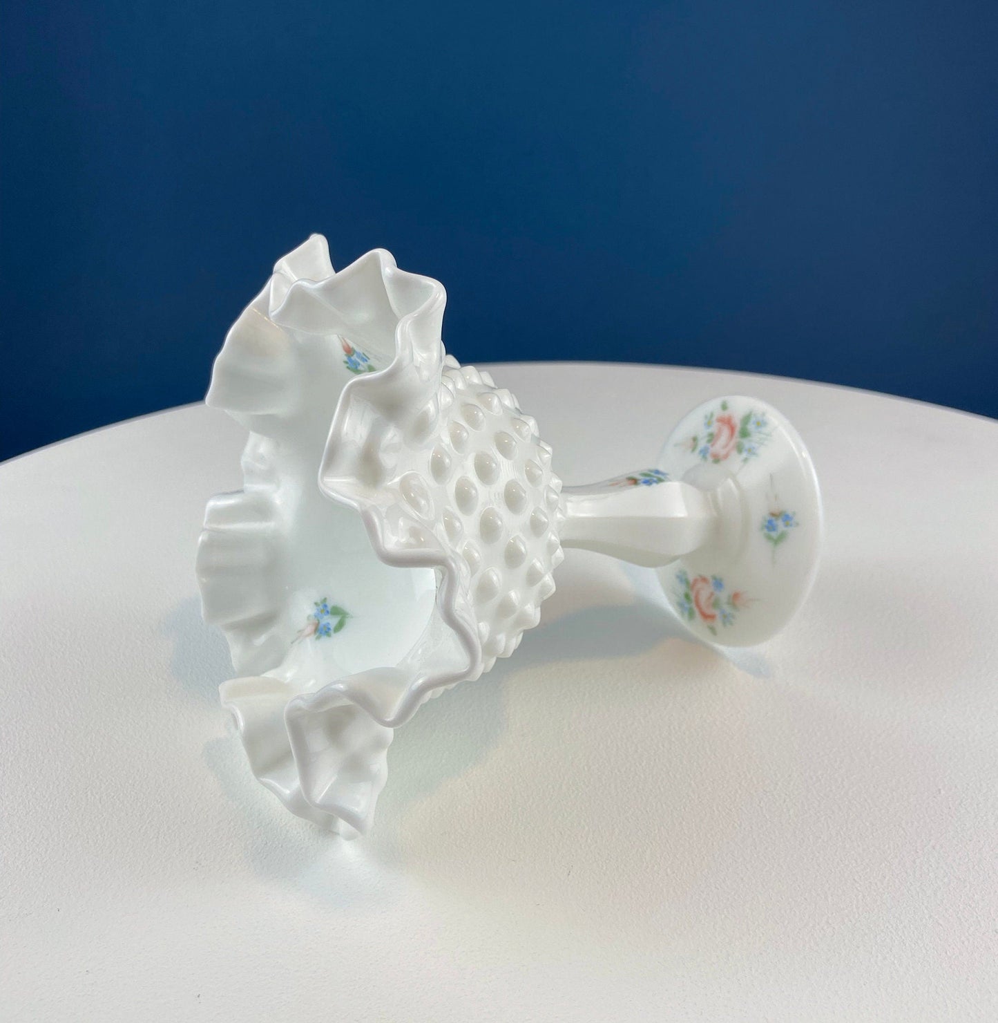 Fenton Handpainted Milk Glass Compote. White, Footed, Hobnail Bowl with Ruffled  Rim and Pastel Flowers. Wedding Gift. Modern Farmhouse.