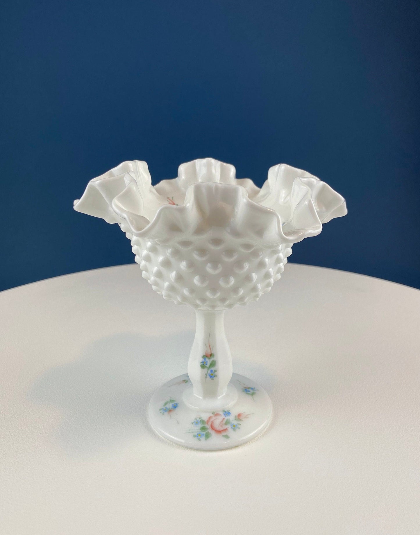 Fenton Handpainted Milk Glass Compote. White, Footed, Hobnail Bowl with Ruffled  Rim and Pastel Flowers. Wedding Gift. Modern Farmhouse.