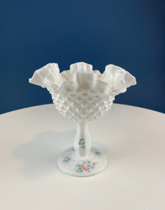 Fenton Handpainted Milk Glass Compote. White, Footed, Hobnail Bowl with Ruffled  Rim and Pastel Flowers. Wedding Gift. Modern Farmhouse.