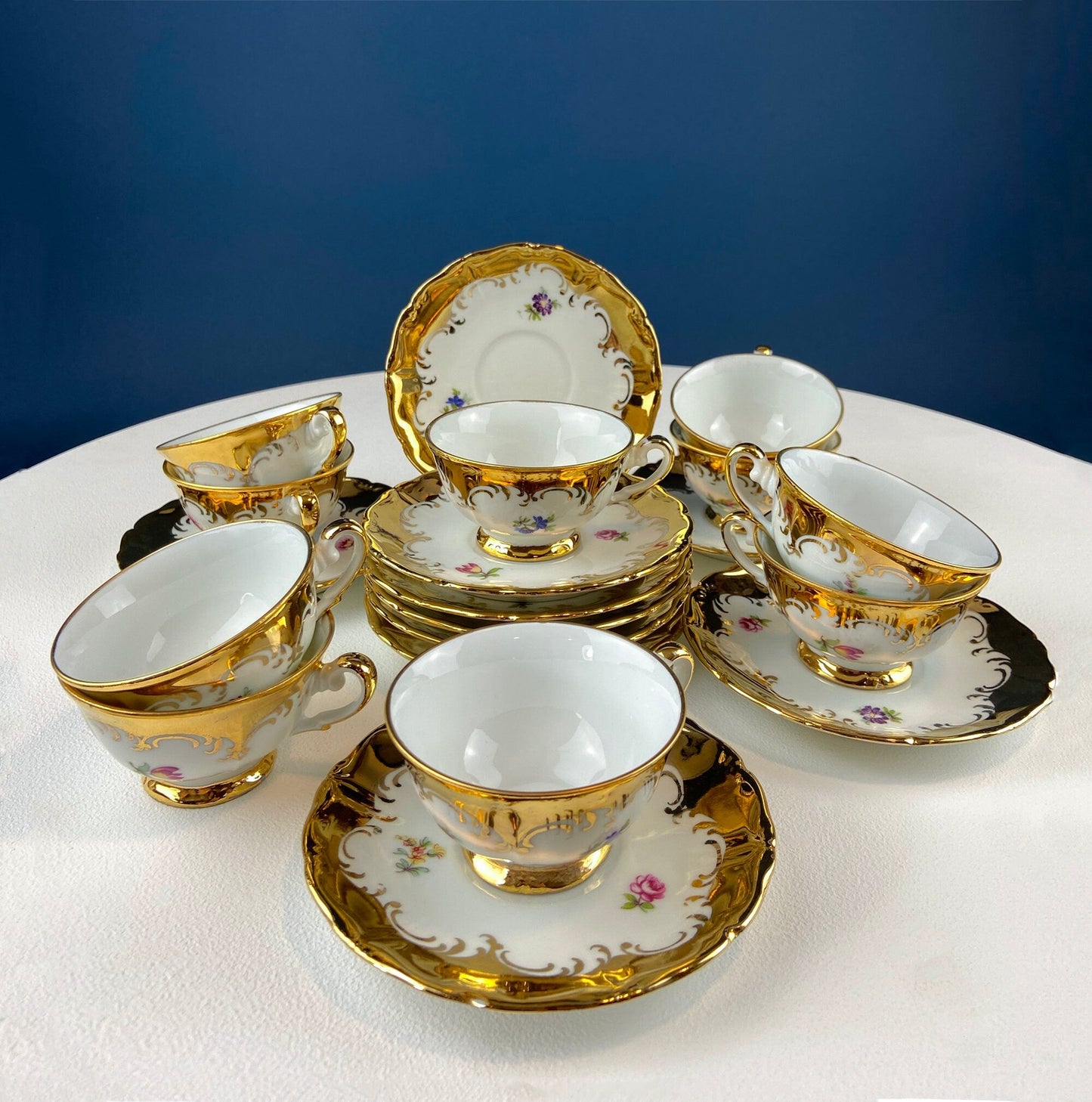 Gold Demitasse Tea Set: Prussian Hand-Painted Coffee/Tea Service for Two
