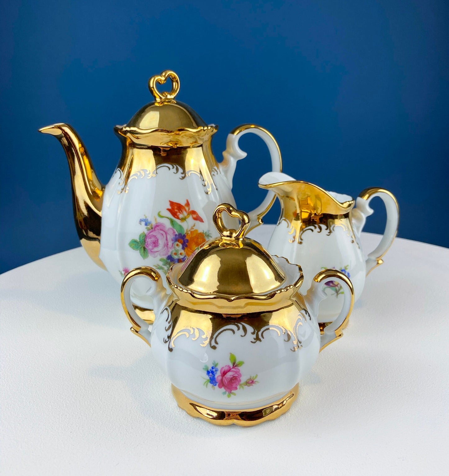 Gold Demitasse Tea Set: Prussian Hand-Painted Coffee/Tea Service for Two