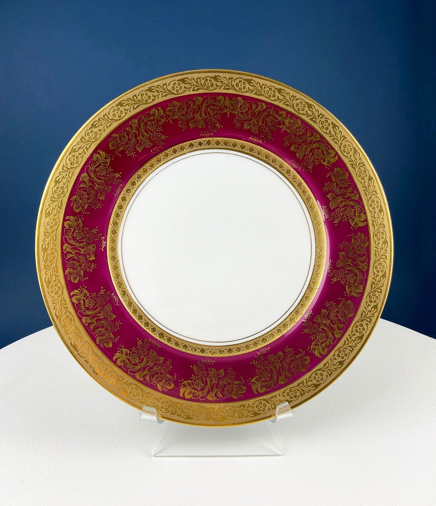 Rich Gold and Burgundy Serving Plate. Antique 11" OMCO Chekoslovakia Porcelain Plate. Spun Gold Brim and Floral Motif.