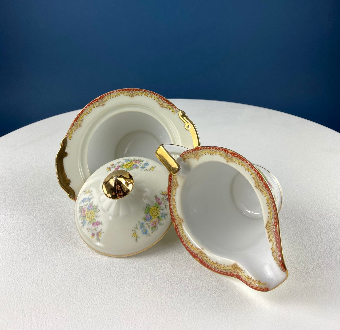 Vintage Dinner Set with Yellow Red Bands Rose Garlands. Kikusui China: 8 Dinner & Salad Plates, 6 Soup Plates, 4 Cups Saucers, Creamer/Sugar