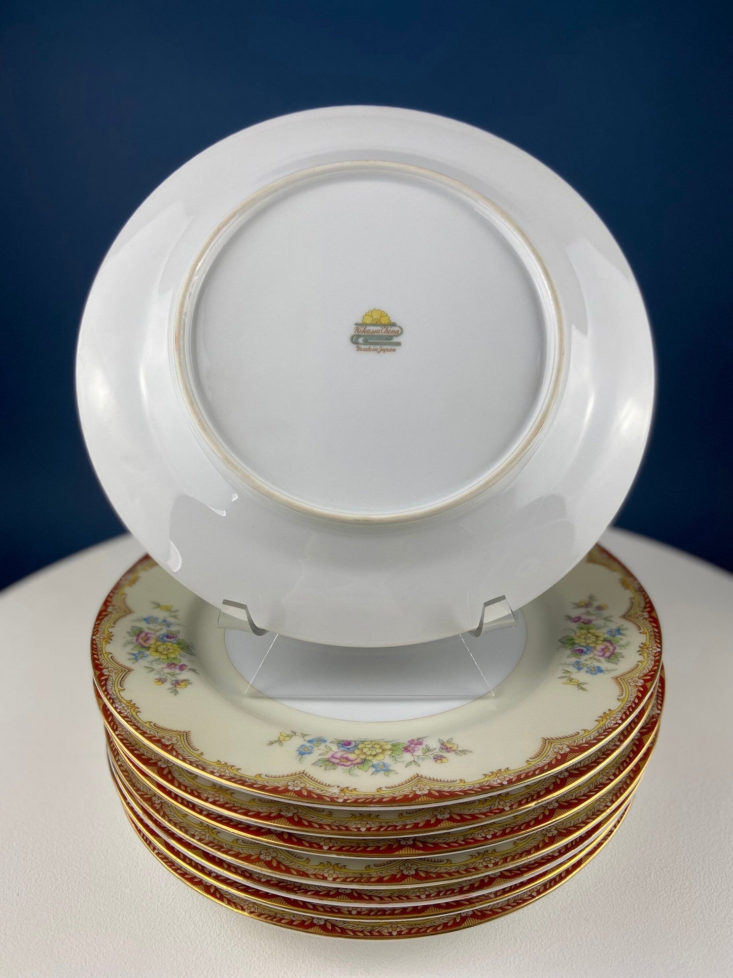 Vintage Dinner Set with Yellow Red Bands Rose Garlands. Kikusui China: 8 Dinner & Salad Plates, 6 Soup Plates, 4 Cups Saucers, Creamer/Sugar