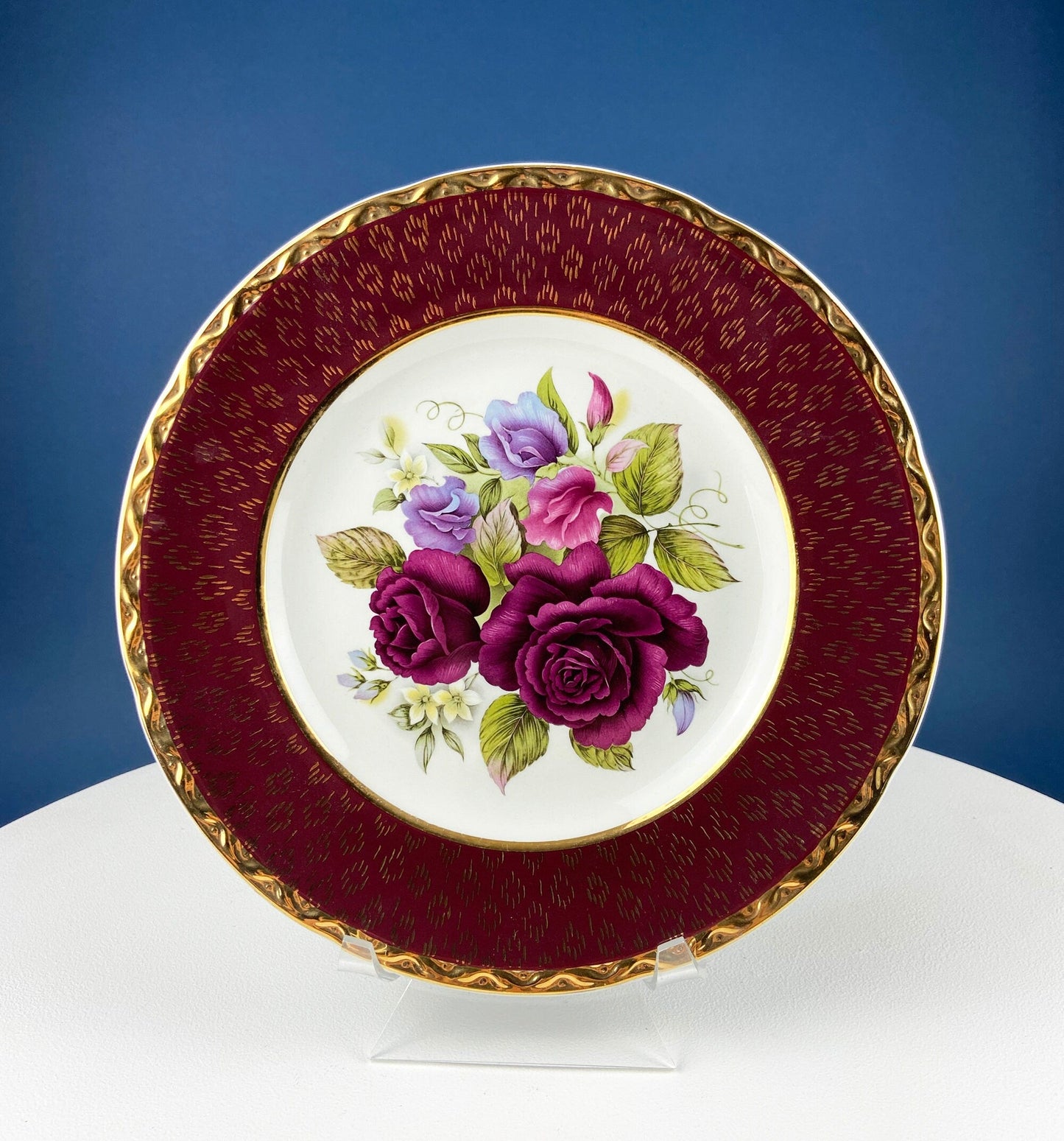 Rich Gold and Burgundy Serving Plate. Antique 11" OMCO Chekoslovakia Porcelain Plate. Spun Gold Brim and Floral Motif.