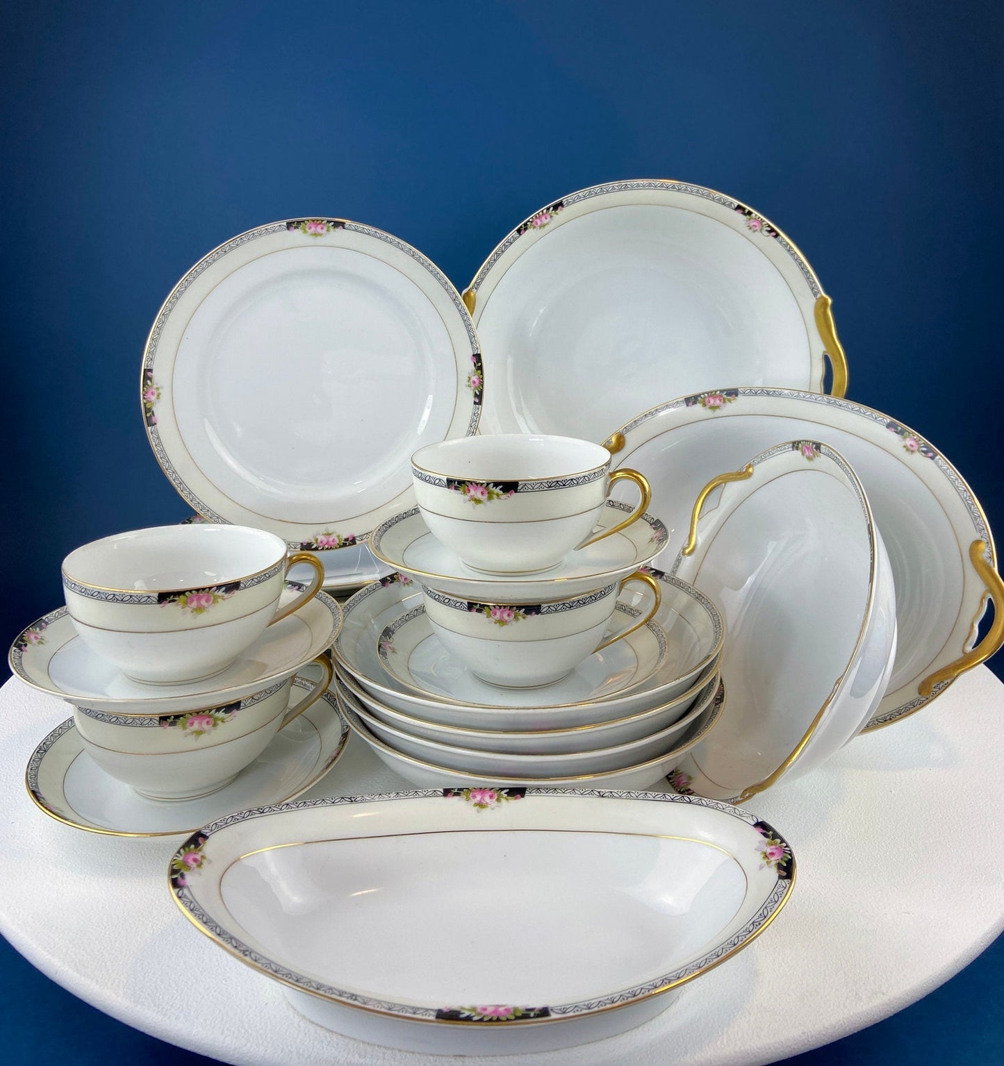 Classic Noritake Vintage Dinnerware. Beechmont Pattern. Small Rose Clusters with Black. Minimal Dining and Serving Set. Wedding Registry.