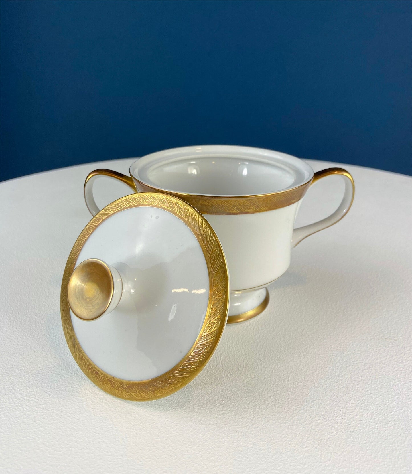 White & Gold Dish Set. Wedding Band China. Sango Spun Gold. Dinner, Salad or Dessert, Soup Plates, Sugar Bowl, Serving Dishes.