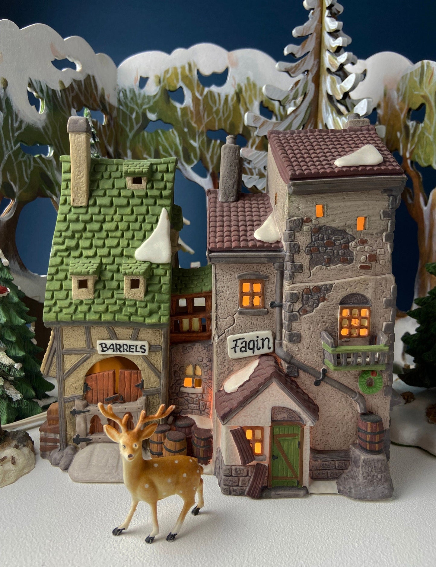 Porcelain Illuminated Red Victorian with Green Roof. Christmas Village Porcelain Building. Enchanted Holiday Decor. Home or Retail Display.