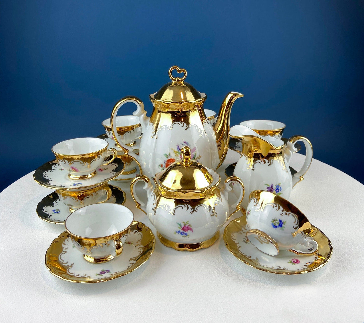 Gold Demitasse Tea Set: Prussian Hand-Painted Coffee/Tea Service for Two