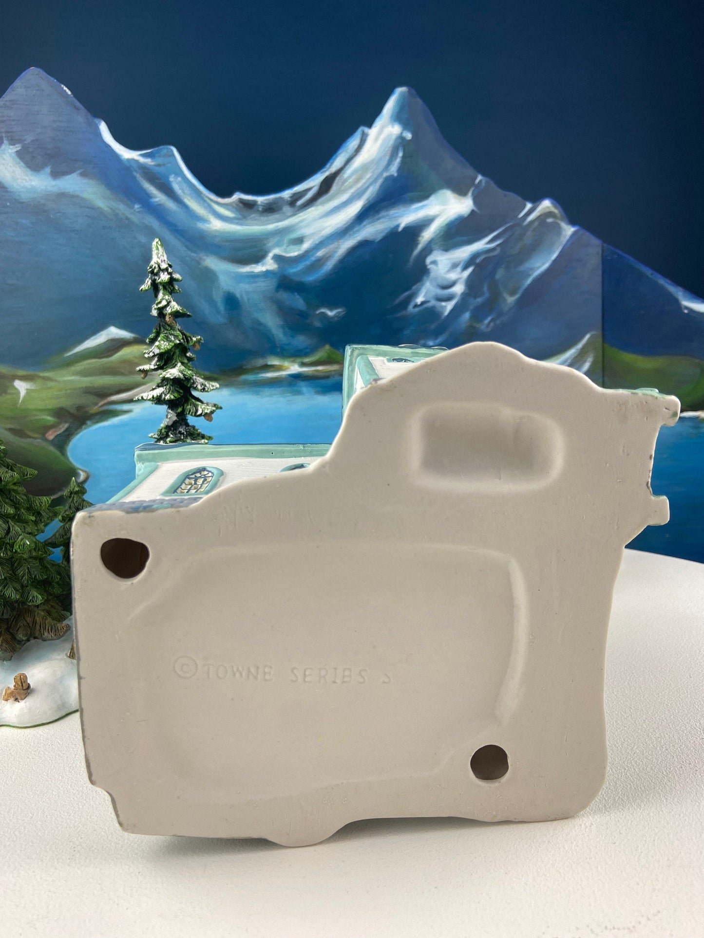 Christmas Village Cedar Valley Chapel Towne Series. Illuminated Blue Church with Stained Glass Window. Santa's Workbench. Night Light.