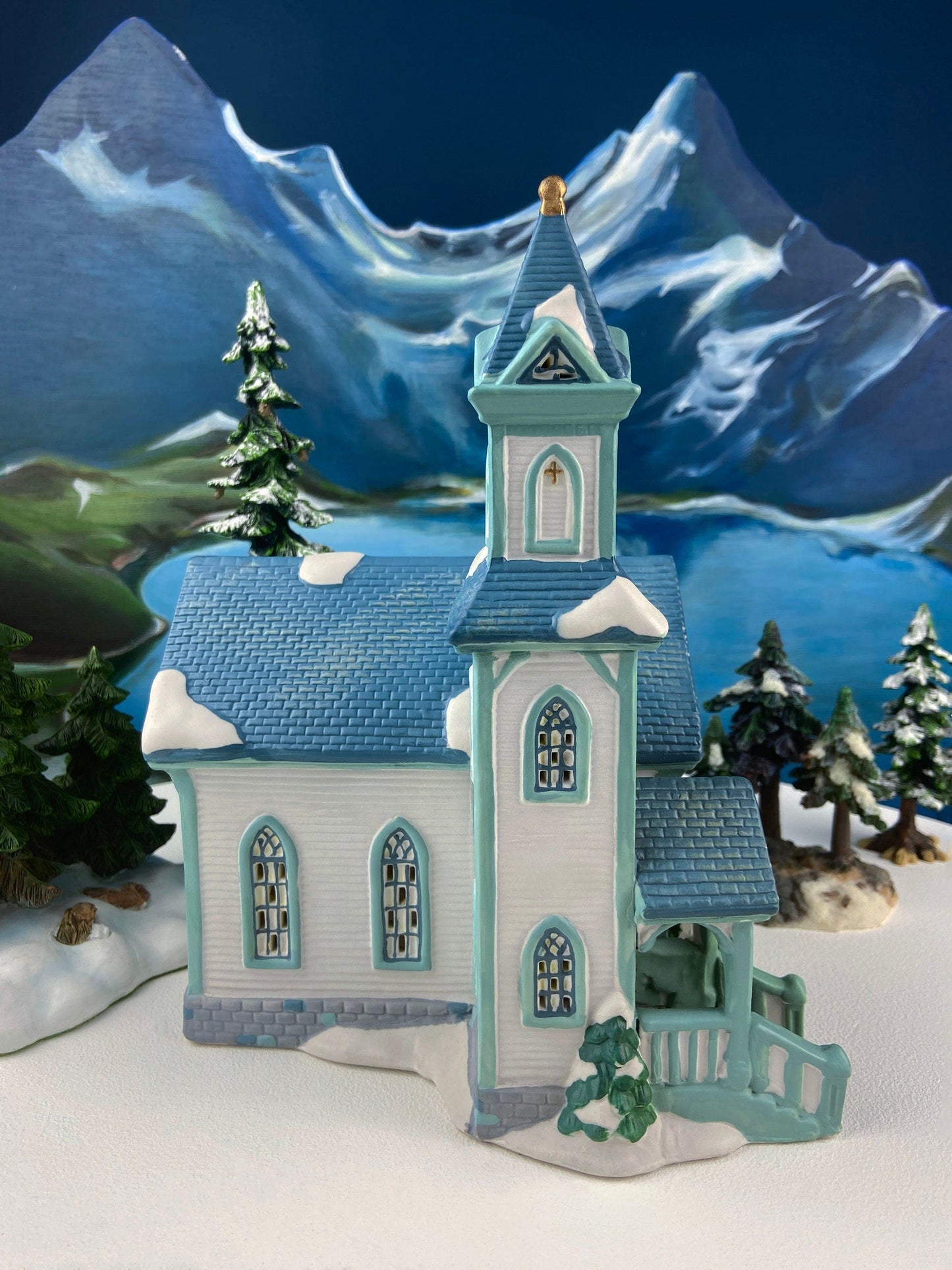 Christmas Village Cedar Valley Chapel Towne Series. Illuminated Blue Church with Stained Glass Window. Santa's Workbench. Night Light.