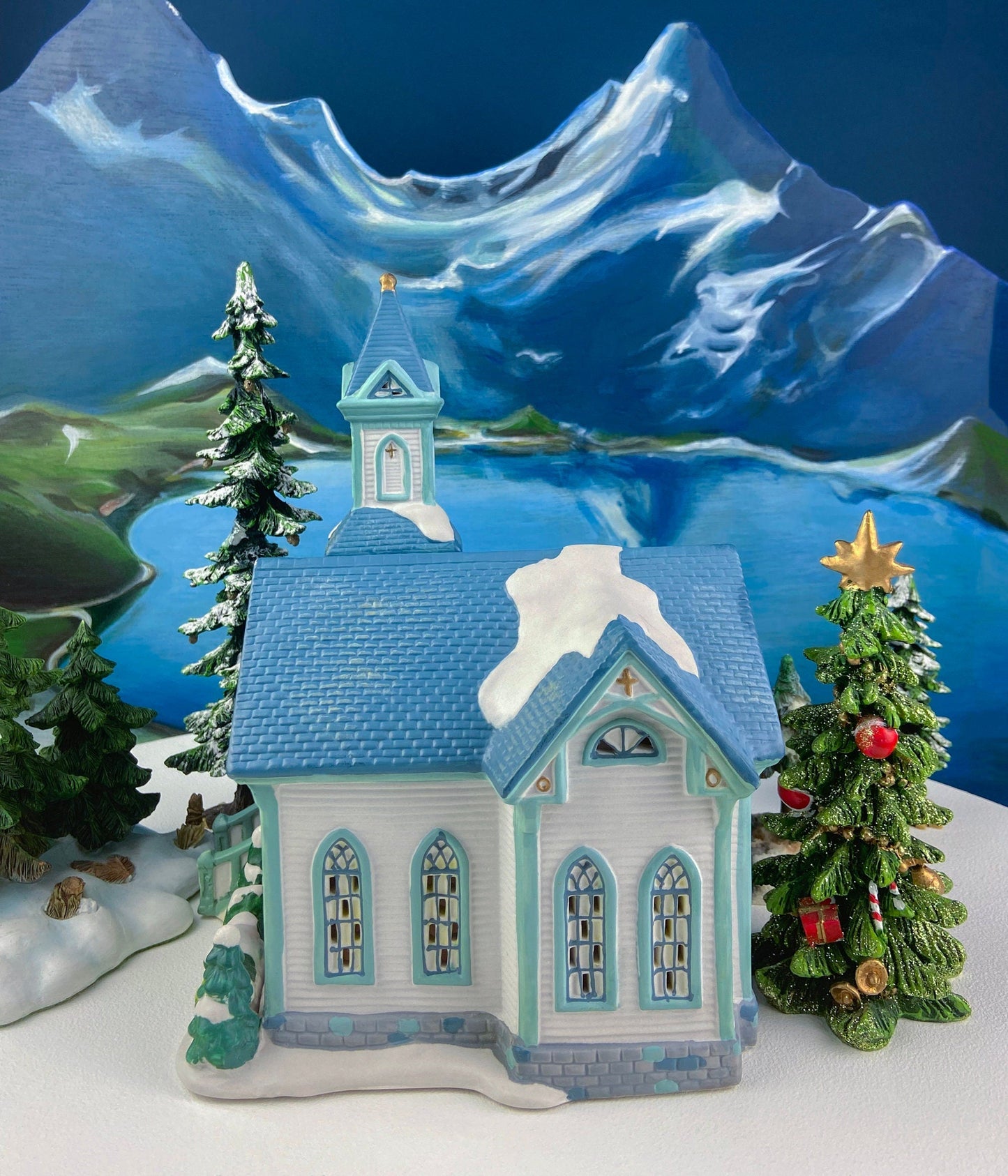 Christmas Village Cedar Valley Chapel Towne Series. Illuminated Blue Church with Stained Glass Window. Santa's Workbench. Night Light.