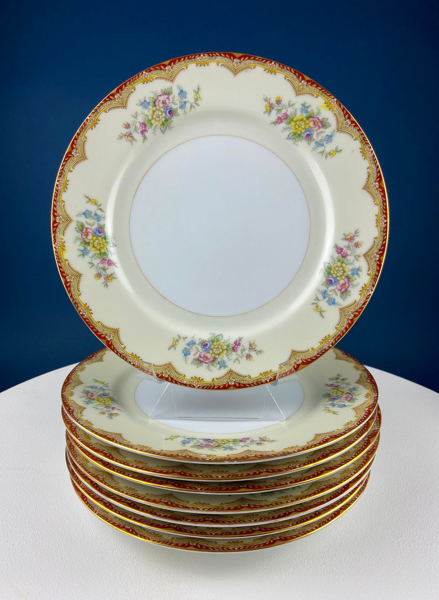Vintage Dinner Set with Yellow Red Bands Rose Garlands. Kikusui China: 8 Dinner & Salad Plates, 6 Soup Plates, 4 Cups Saucers, Creamer/Sugar