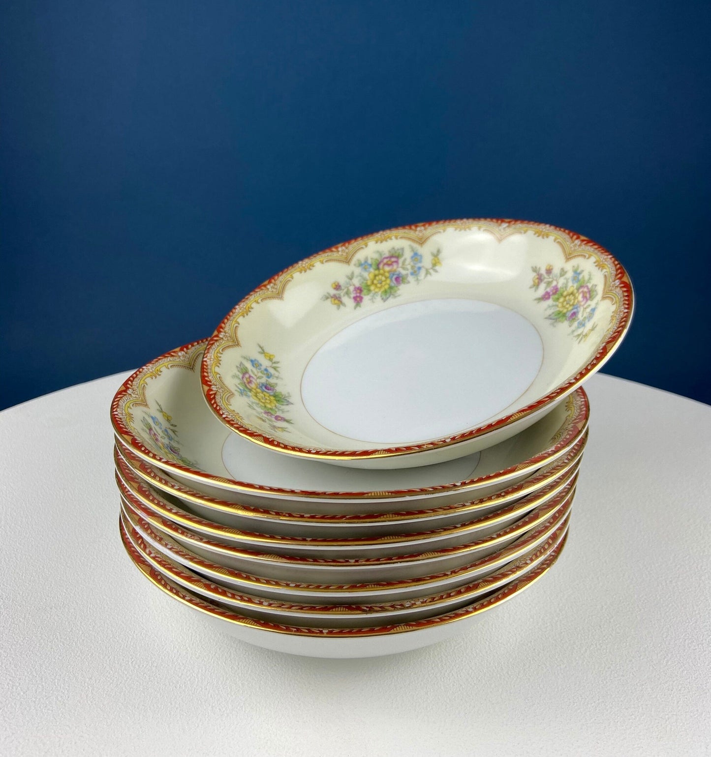 Vintage Dinner Set with Yellow Red Bands Rose Garlands. Kikusui China: 8 Dinner & Salad Plates, 6 Soup Plates, 4 Cups Saucers, Creamer/Sugar