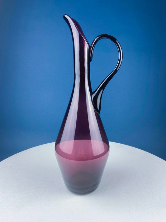 Hand Blown Glass Purple Pitcher Vase or Art Piece. Collectible Glass. Beautiful Aubergine Color. Slim Modern Stunning Centerpiece.