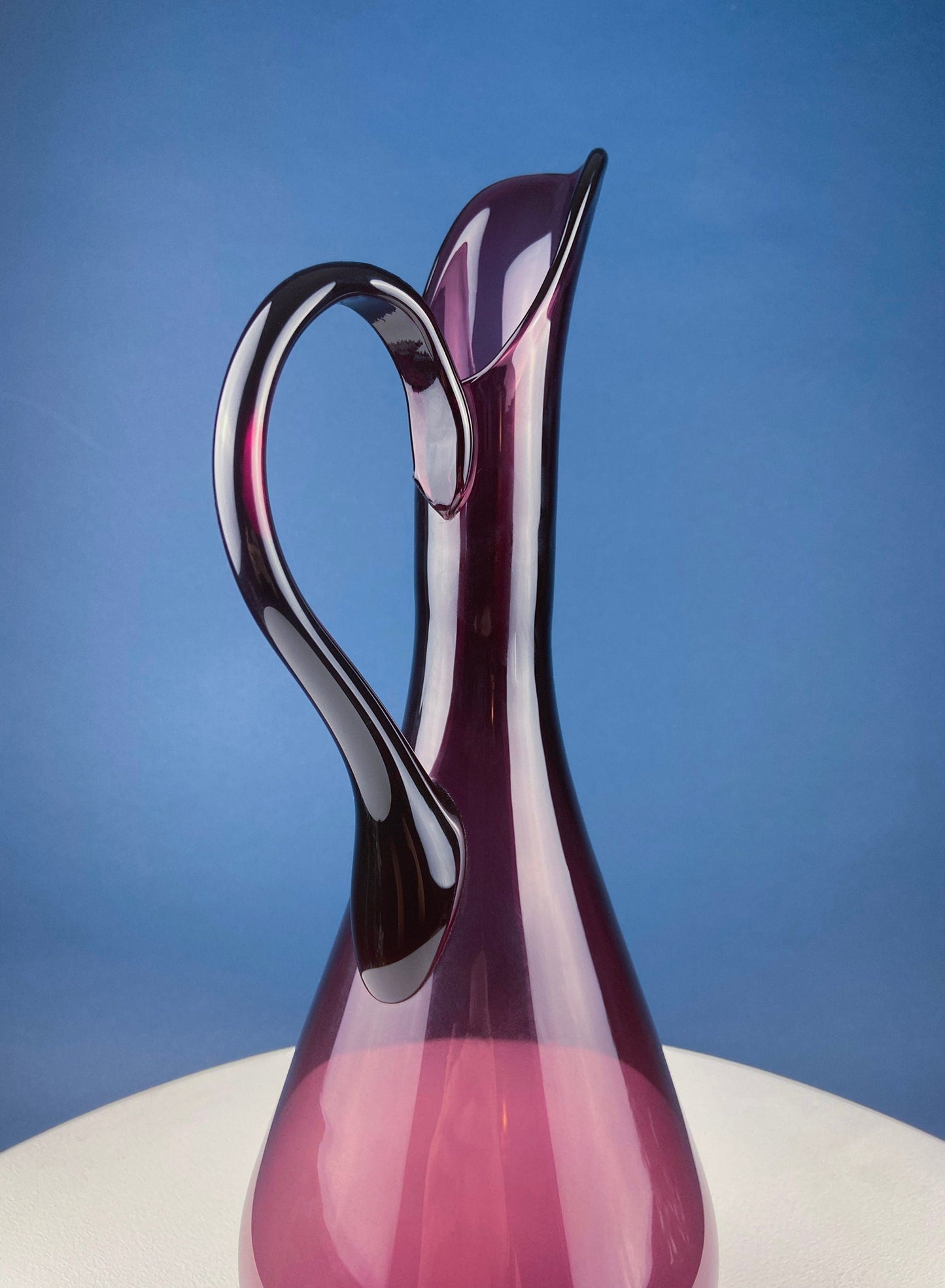 Hand Blown Glass Purple Pitcher Vase or Art Piece. Collectible Glass. Beautiful Aubergine Color. Slim Modern Stunning Centerpiece.