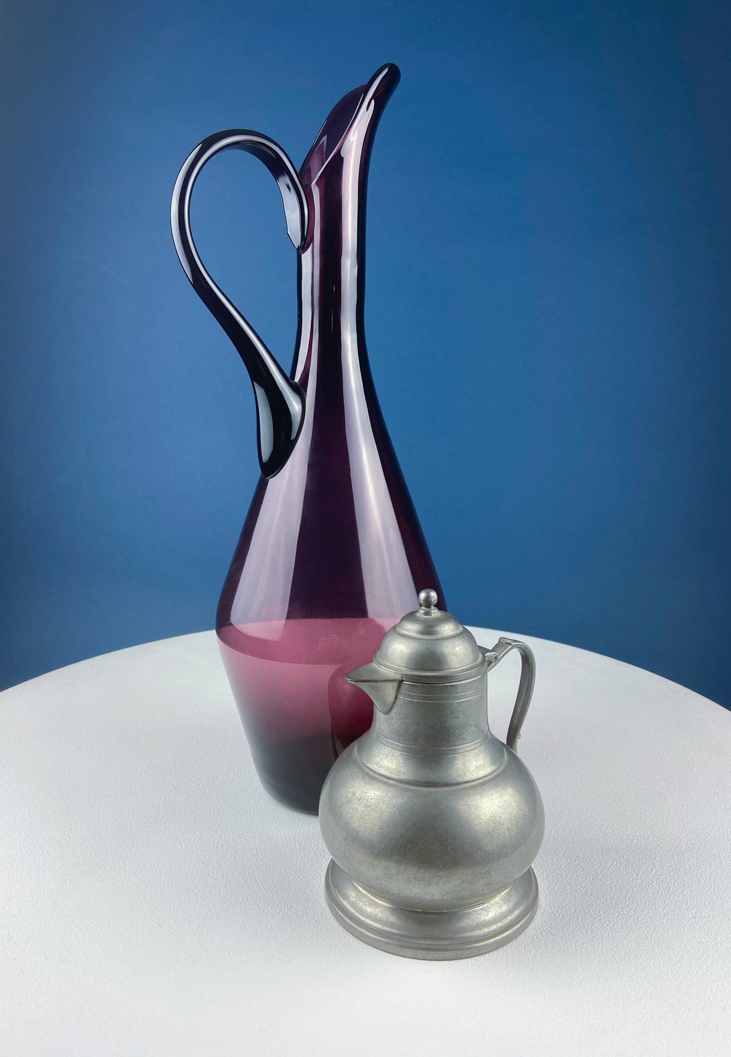 Hand Blown Glass Purple Pitcher Vase or Art Piece. Collectible Glass. Beautiful Aubergine Color. Slim Modern Stunning Centerpiece.