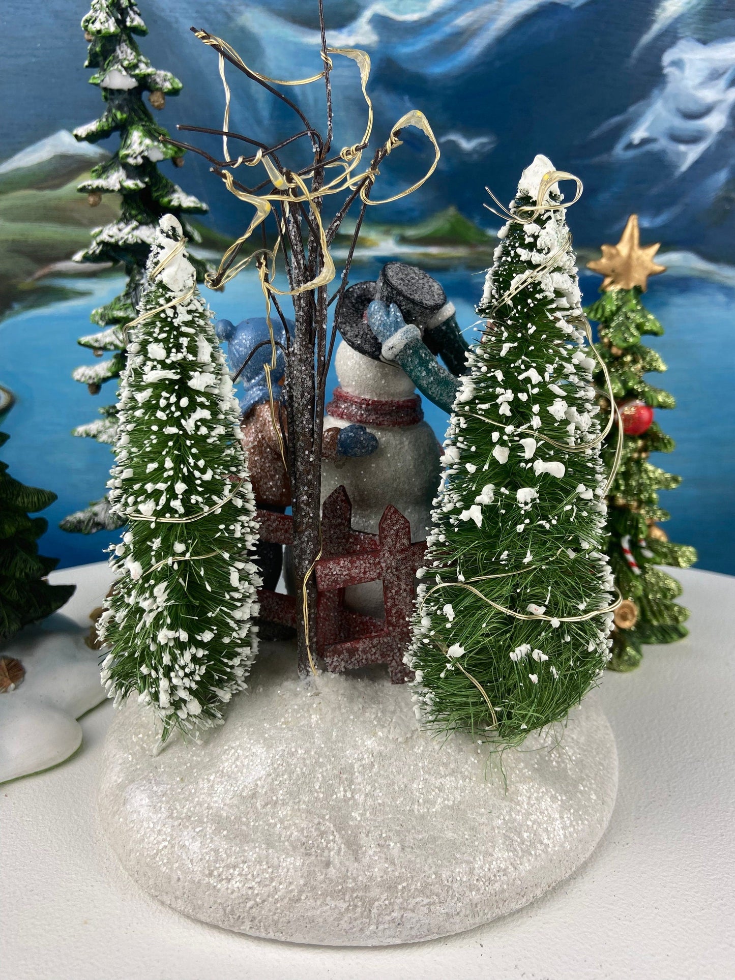 Christmas Village Accessories.  Dressed Christmas Trees by Nikko, Korea. Girl Figurine by Lefton.   Set of Two Trees and Little Girl.