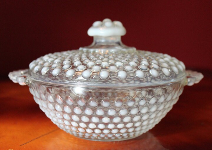 Anchor Hocking Moonstone Divided Bowl.  Milk Glass and Clear Glass Hobnail Pattern Shallow Serving Bowl.