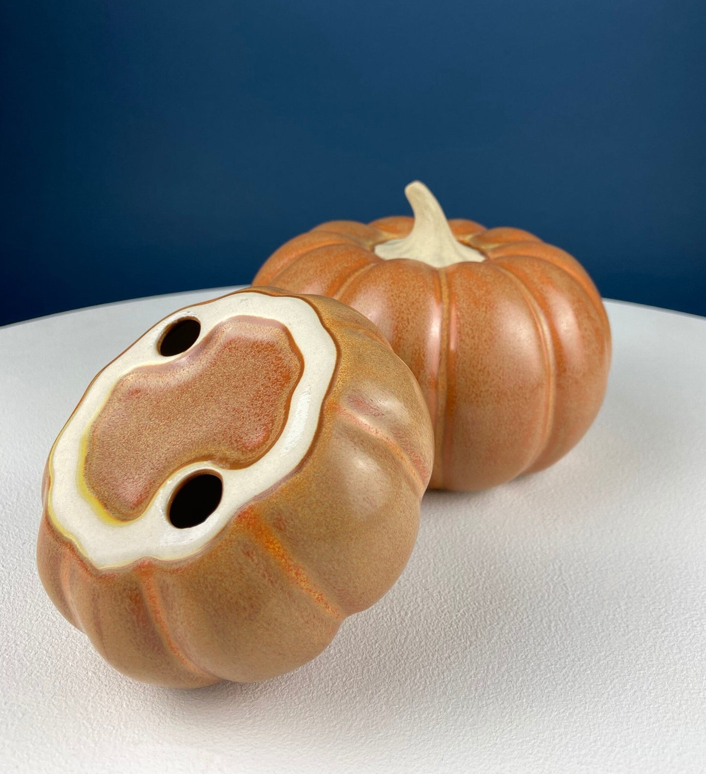 Set of Three Ceramic Pumpkins of Varying Sizes. One Large and Two Smaller. Staple Thanksgiving Fall Decoration. Home Decor. Store Display.