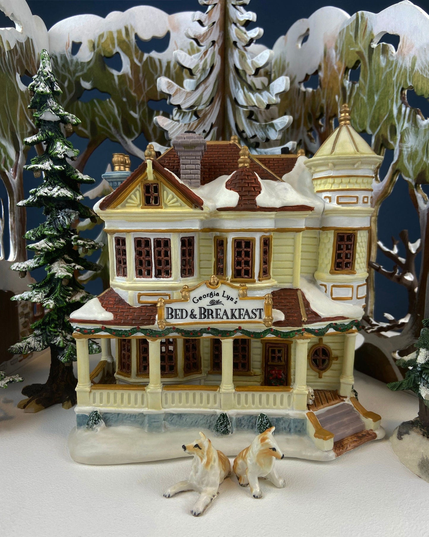 Porcelain Illuminated Red Victorian with Green Roof. Christmas Village Porcelain Building. Enchanted Holiday Decor. Home or Retail Display.