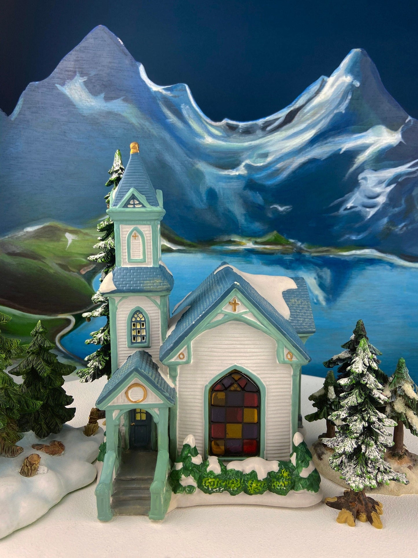 Christmas Village Cedar Valley Chapel Towne Series. Illuminated Blue Church with Stained Glass Window. Santa's Workbench. Night Light.