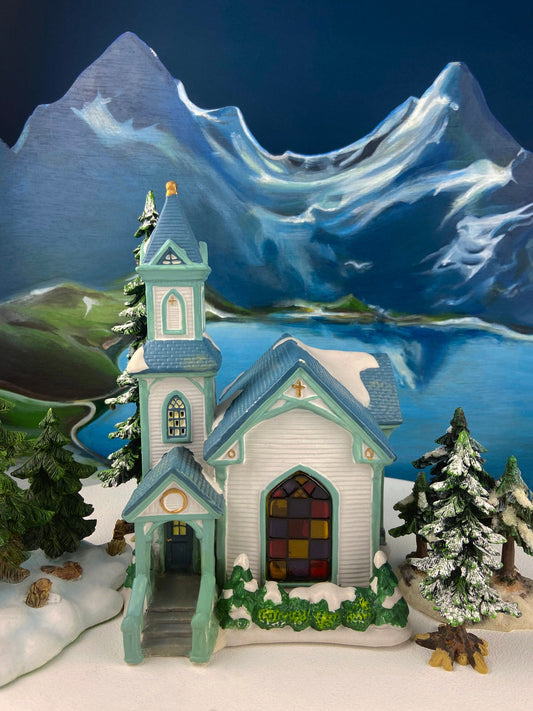 Christmas Village Cedar Valley Chapel Towne Series. Illuminated Blue Church with Stained Glass Window. Santa's Workbench. Night Light.