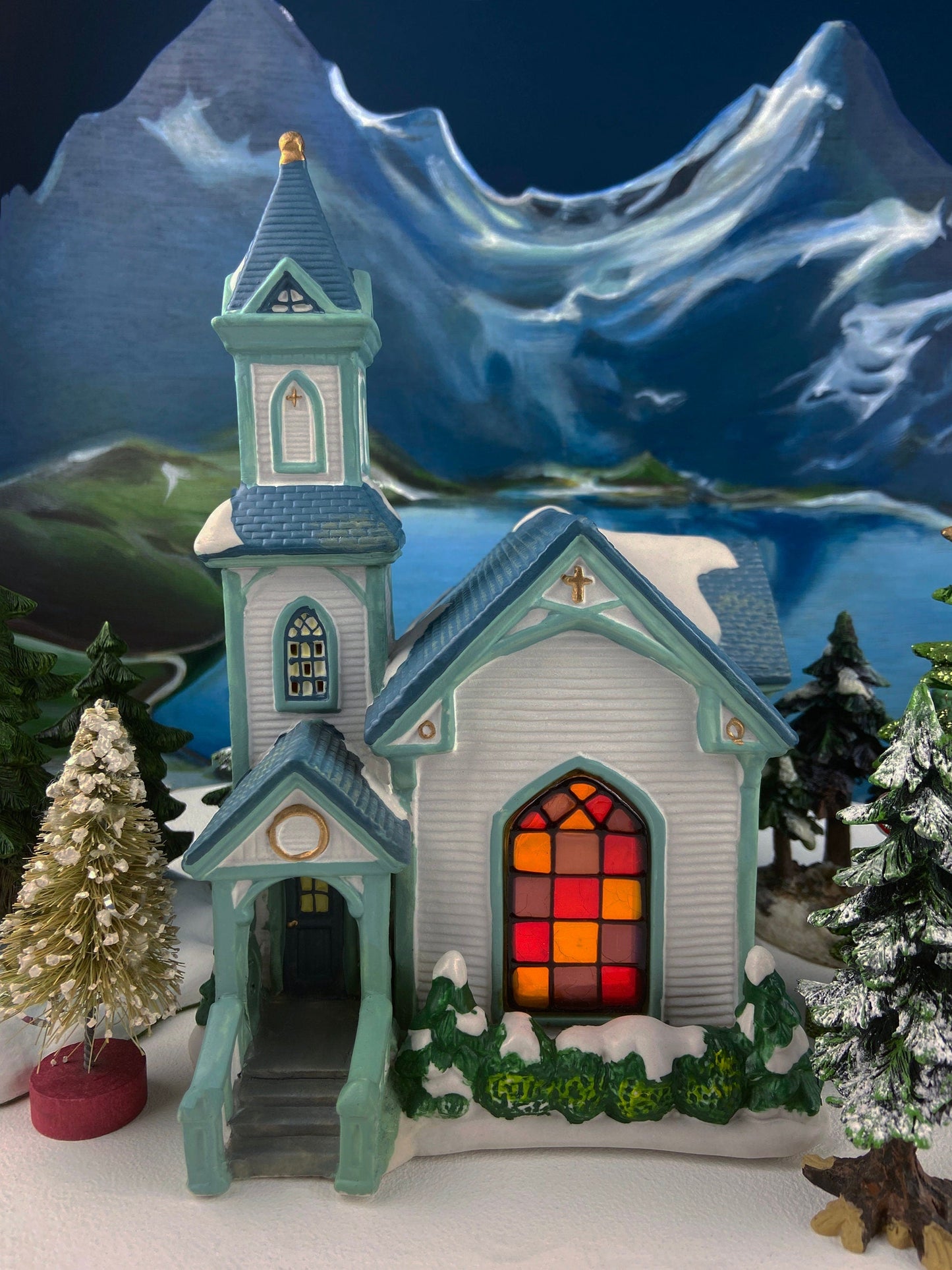 Christmas Village Cedar Valley Chapel Towne Series. Illuminated Blue Church with Stained Glass Window. Santa's Workbench. Night Light.