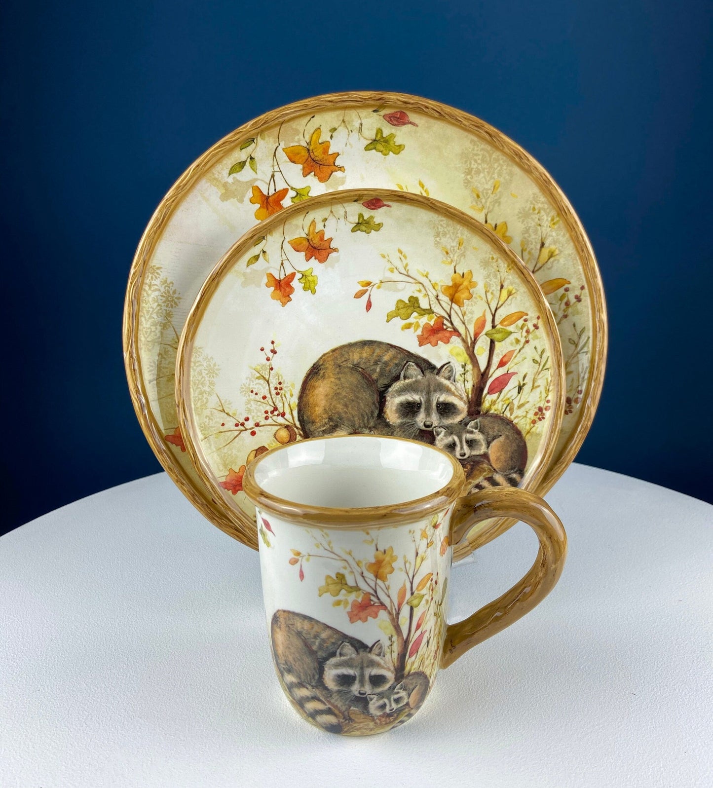 Cute Raccoon Dinner Set for One. Whimsical Plates and Mug. Kid at Heart or Grandparents' Gift for Grandkids. Fall Celebration. Cabin Decor.