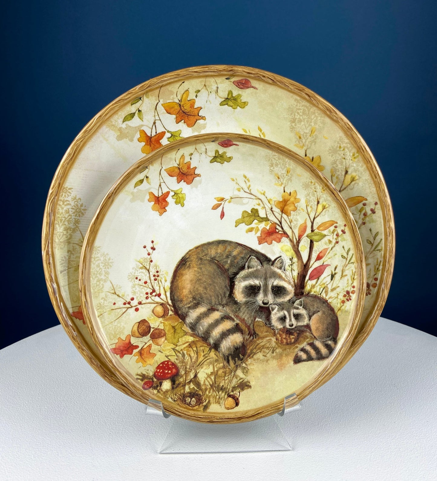 Cute Raccoon Dinner Set for One. Whimsical Plates and Mug. Kid at Heart or Grandparents' Gift for Grandkids. Fall Celebration. Cabin Decor.