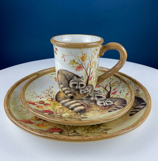 Cute Raccoon Dinner Set for One. Whimsical Plates and Mug. Kid at Heart or Grandparents' Gift for Grandkids. Fall Celebration. Cabin Decor.