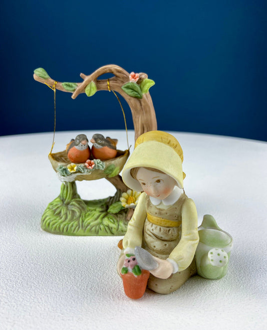 Porcelain Figurine by Marks & Rosenfeld of Little Girl Planting Flowers. Paired with Porcelain Birds in Nest. Gift for Mom, Grandma