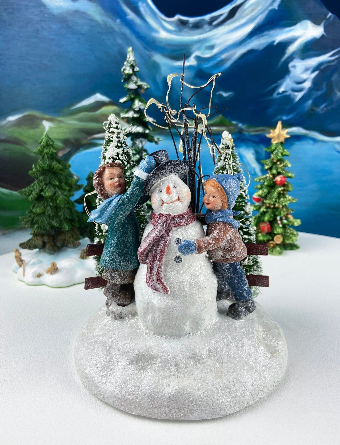 Christmas Village Accessories.  Dressed Christmas Trees by Nikko, Korea. Girl Figurine by Lefton.   Set of Two Trees and Little Girl.