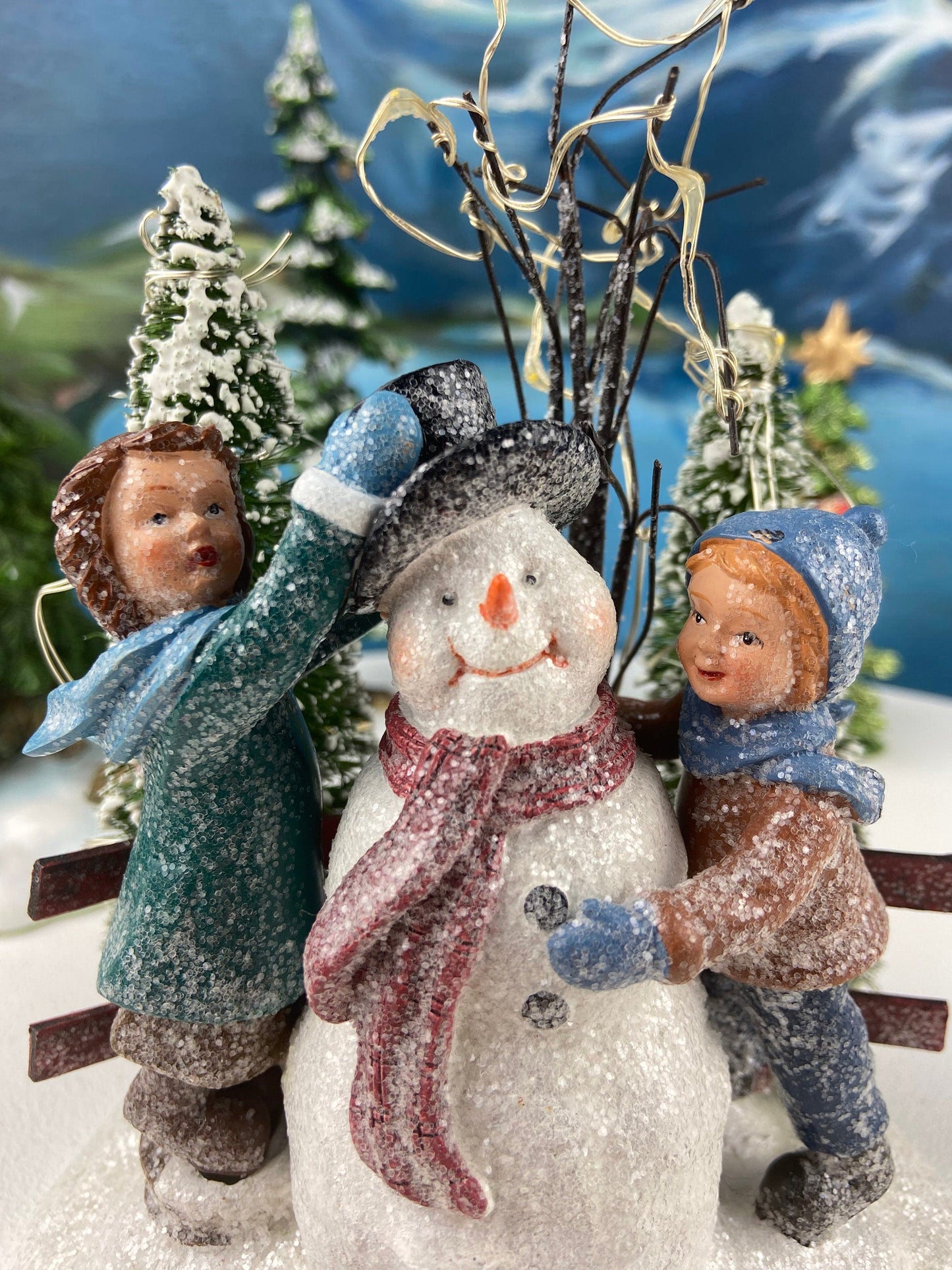 Christmas Village Accessories.  Dressed Christmas Trees by Nikko, Korea. Girl Figurine by Lefton.   Set of Two Trees and Little Girl.