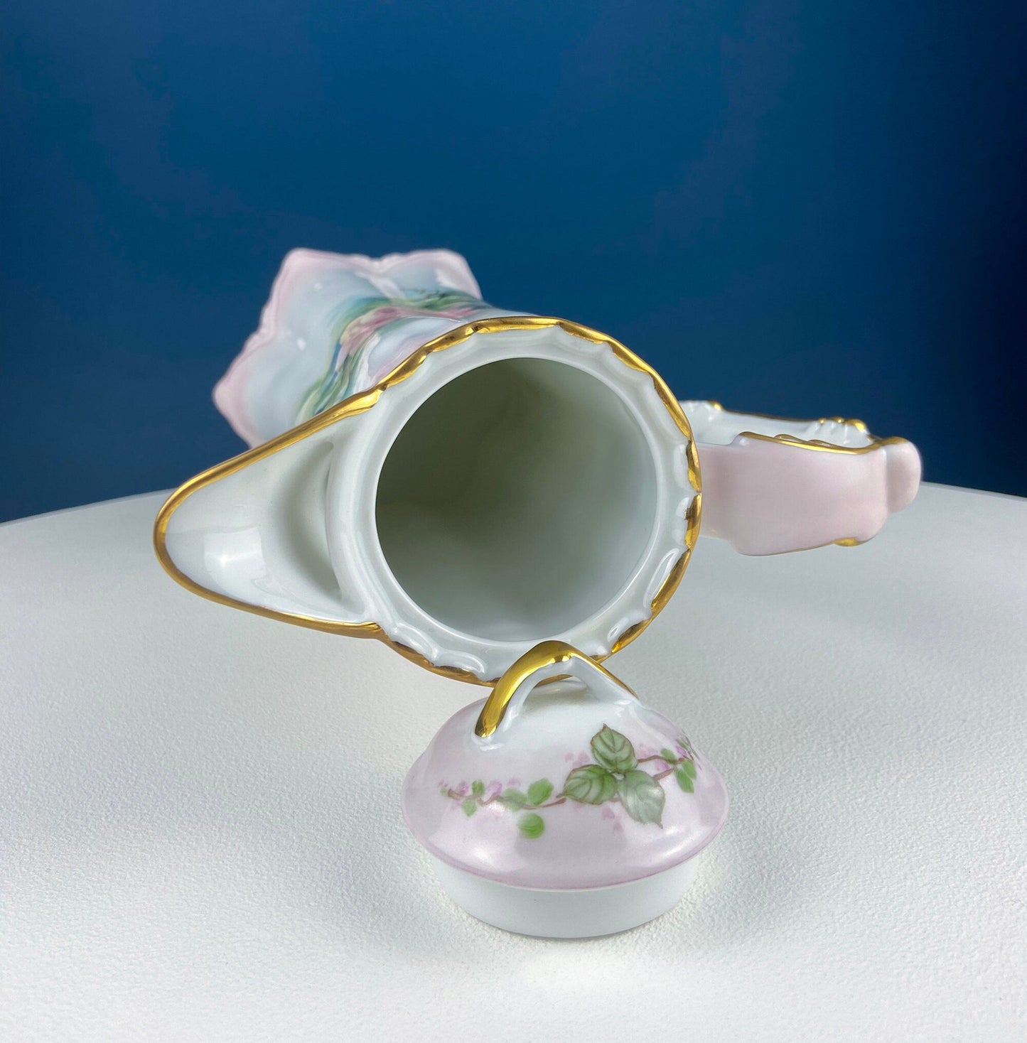 Tall, 11-Inch Antique Hand Painted Hot Chocolate Pot. Stunning Peach Color Roses. Collectible Fine Bone China. Bohemian Chic.