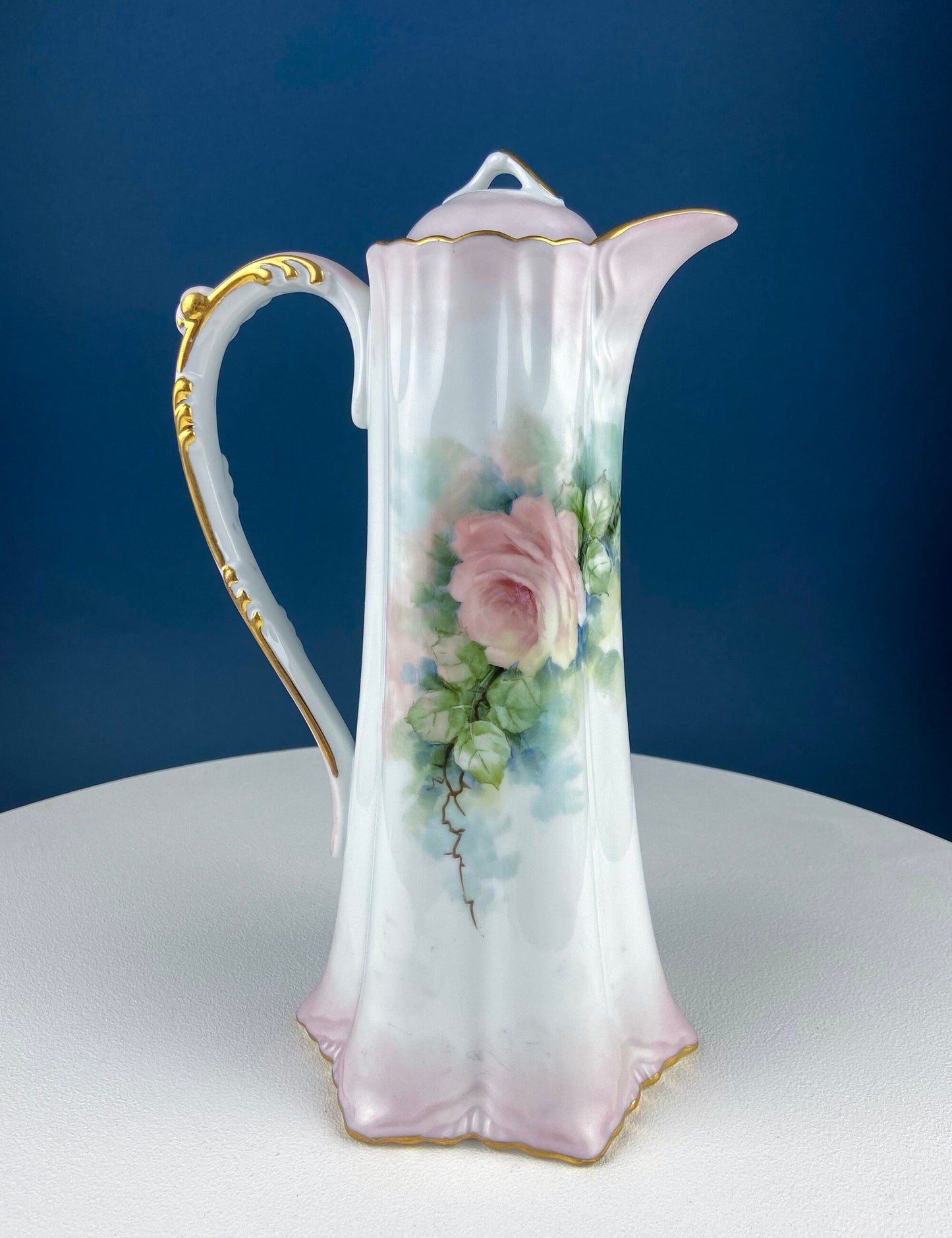 Tall, 11-Inch Antique Hand Painted Hot Chocolate Pot. Stunning Peach Color Roses. Collectible Fine Bone China. Bohemian Chic.