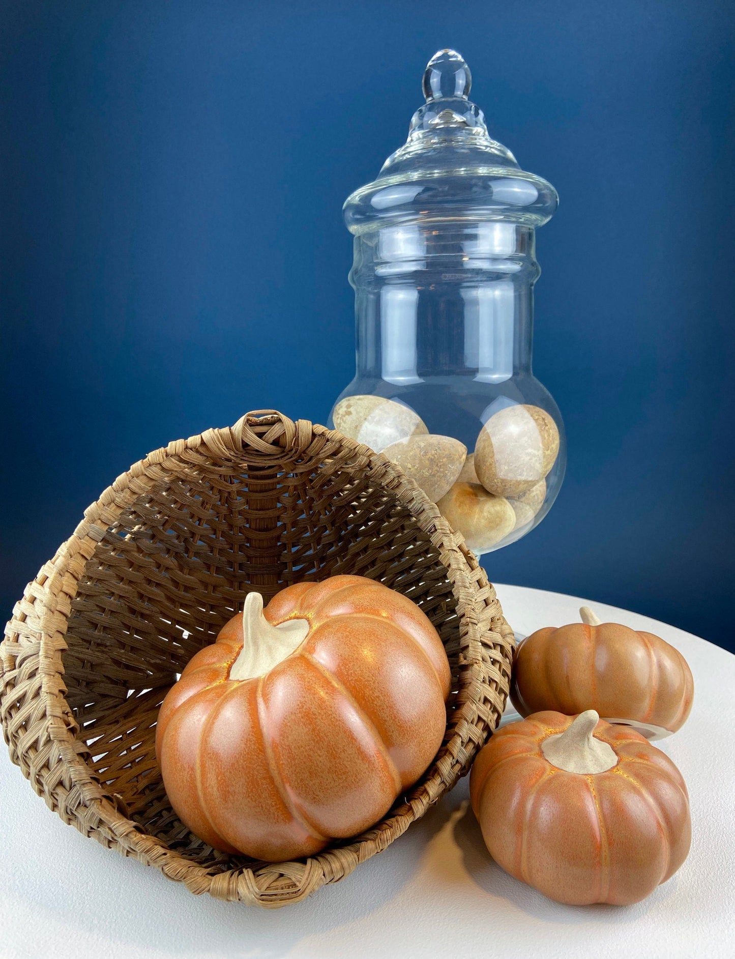 Set of Three Ceramic Pumpkins of Varying Sizes. One Large and Two Smaller. Staple Thanksgiving Fall Decoration. Home Decor. Store Display.